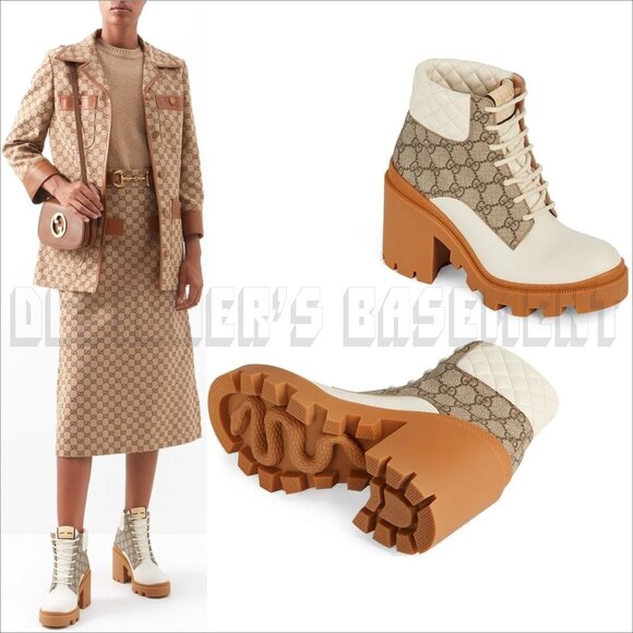 GUCCI 41 beige GG canvas quilted Leather TRIP logo platform Combat ankle Booties - Picture 7 of 14